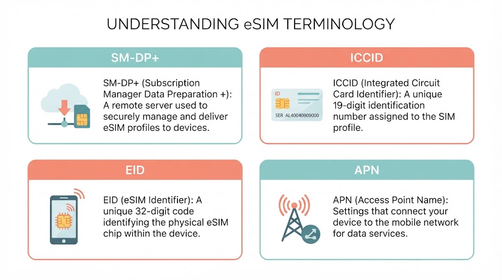 Infographic explaining eSIM glossary terms: SM-DP+, ICCID, EID, and APN