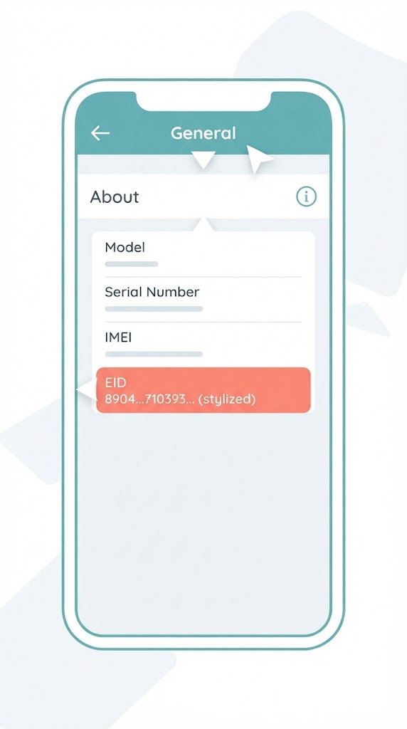 Mockup of a phone settings screen highlighting where to find the EID number to check eSIM compatibility