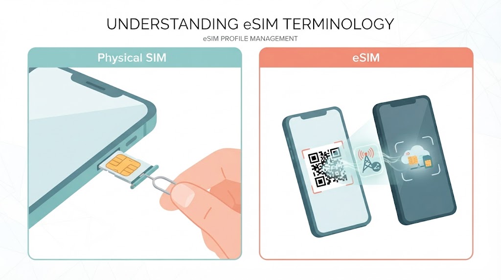 Side-by-side diagram comparing physical SIM card insertion versus eSIM QR code scanning